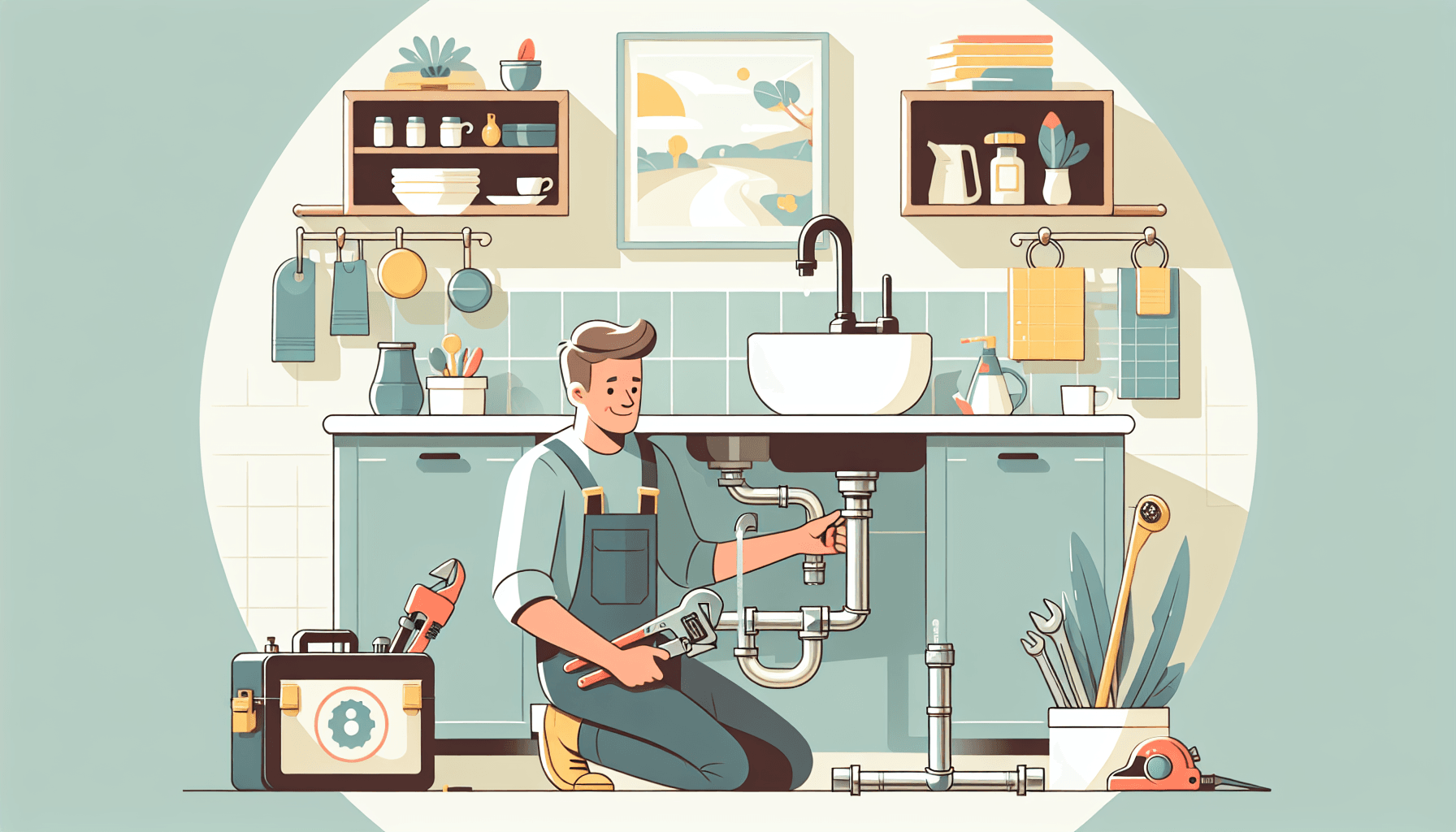 Plumber checking pipes under a kitchen sink