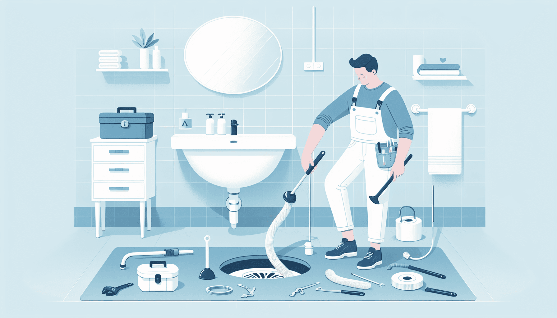 Illustration of a plumber unclogging a bathroom drain